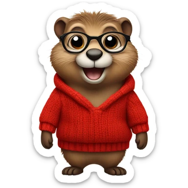 winking cute groundhog in a fully red sweater and glasses full body shown sticker