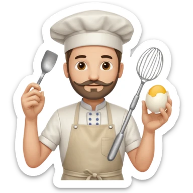 Middle aged male pastry chef - with a small beard, apron, white hat, holding an egg beater in his right hand, and his left hand naturally hanging down to his side sticker