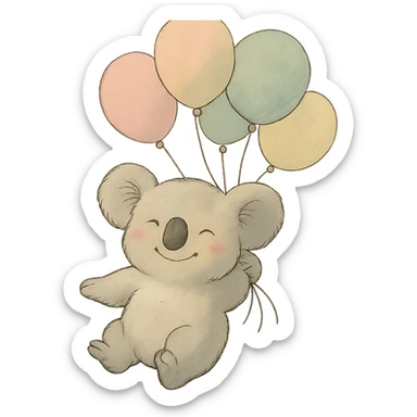 koala floating with pastel balloons, happy face, soft ghibli style sticker