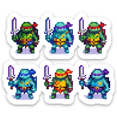 Teenage Mutant Ninja Turtles, pixel art style, retro video game look, each turtle with their weapon sticker
