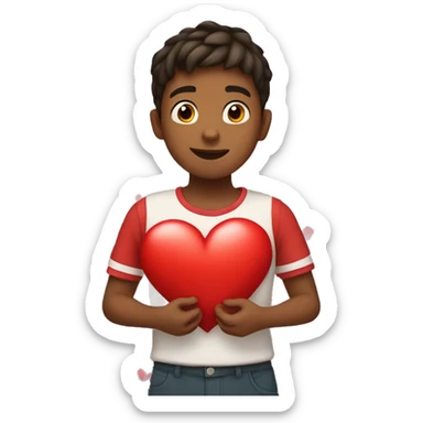A boy who is holding the heart with lots of hearts around it  sticker