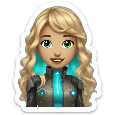 girl smiling with brown to blonde ombre wavy hair with bangs and greenish blue eyes wearing rhinestones next to eyes saying hi and wearing a cyberpunk outfit sticker