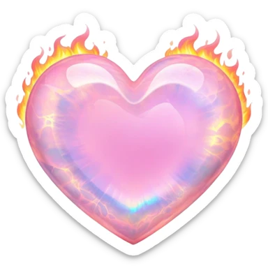 Heart-shaped pink opal gemstone with holographic fire patterns inside sticker