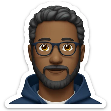 30-year-old man, bearded, with glasses and dark blue hoodie sticker