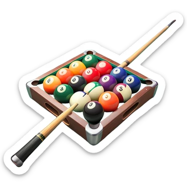 Two crossed pool cues resting on a billiard table, with colorful billiard balls scattered across the surface. The background features the felt of the table, creating an inviting atmosphere for a game of precision and strategy sticker