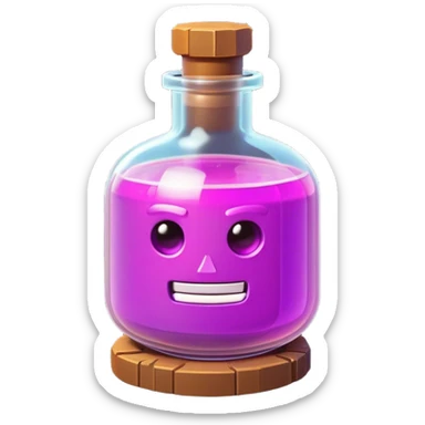 Clash of Clans aesthetic: Cinematic Playful Pixel 3D Magic Potion Portrait Emoji, rendered in a 3D vector-style similar to standard emojis with minimal shading and bold, simplified shapes. A compact, distinct form with signature details, softly glowing with a pixelated adventure charm. Simplified yet unmistakably iconic, highly detailed and consistent, glowing with a soft radiance and high shine. Stylized with a touch of classic pixel-art charm and a soft glowing outline, capturing the essence of a beloved gaming relic with a friendly, playful manner! sticker