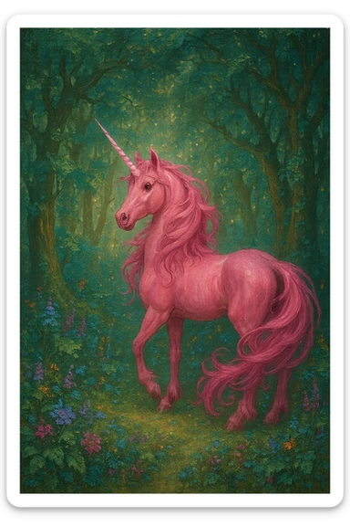 pink unicorn in a magical forest sticker