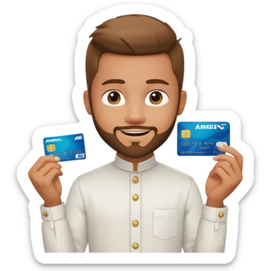 generate a pretty bratz boy wearing a white linen mandarin collar shirt with an amex card in hand. bearded sticker