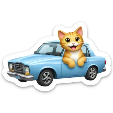 A cartoon emoji-style car with a cat sitting on the open hood, holding a wrench and smiling sticker