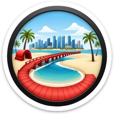a circle island with modern buildings, a beach with palm trees. also, a red bridge behind.  sticker