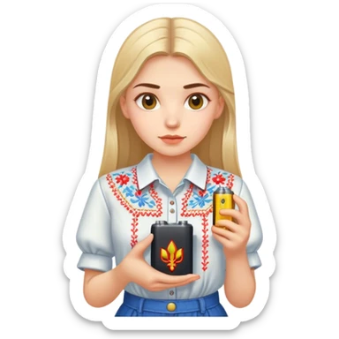 A Ukrainian girl in an embroidered shirt holds a battery sticker