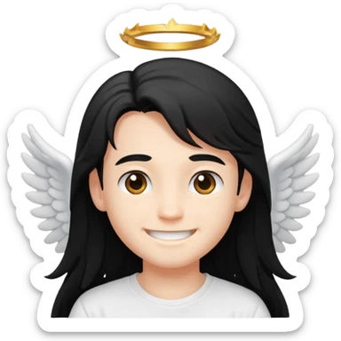 angelic boy with long black hair and a white t-shirt, smiling sticker