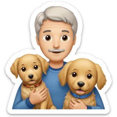 Italian man without any moustache with salt and pepper hair holding a golden retriever and a labrador  dog sticker