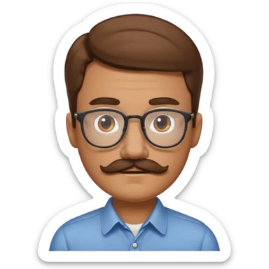 2D apple emoji style man with light skin, brown hair, mustache, glasses, neutral expression sticker