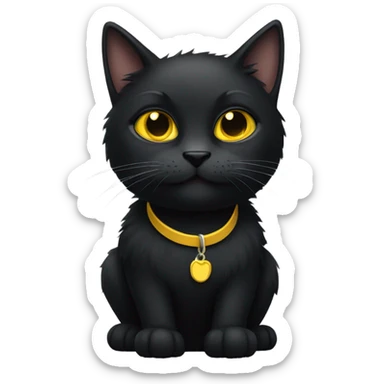 a black furry cat with yellow eyes and a collar  sticker