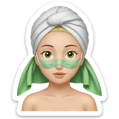 Una chica con una toalla en la cabeza y en el cuerpo y con una mascarilla facial  sticker