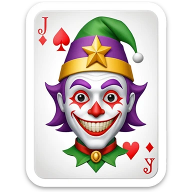 1 poker card, perfectly squared card, with crazy colorful human jolly joker inside, star symbol with a "J" sticker