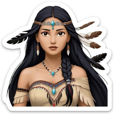 Cinematic Realistic Pocahontas Portrait, depicted with lifelike skin texture, soft natural lighting, and intricately detailed long, flowing raven-black hair that moves gracefully in the wind. Her deep, soulful dark brown eyes exude wisdom and strength, complemented by a serene yet powerful expression. She is dressed in her classic one-shoulder native american dress, with rich fabric textures and delicate beaded details that catch the light beautifully. The portrait features a soft, sun-kissed glow with a natural, radiant finish, capturing the essence of untamed beauty and deep connection to nature in a realistic and painterly style, evoking a sense of depth and authenticity. sticker
