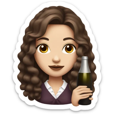 rich girl with white skin, long brown hair, dark eyes, with makeup, with wine sticker