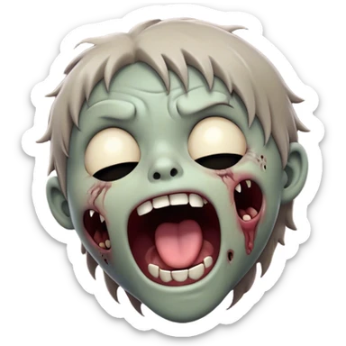 Cinematic Cute Yawning Zombie Portrait Emoji, with a delightfully quirky, slightly disheveled face in muted ashen tones, head tilted back in a big, funny yawn that reveals quirky stitches and playful gaps, simplified yet irresistibly charming, highly detailed with a soft, eerie glowing outline capturing the sleepy, offbeat vibe of a zombie taking a nap! sticker