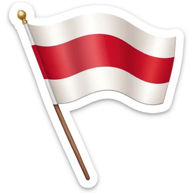 "A simple Polish flag on a wooden stick, waving slightly in the wind. The flag has two horizontal stripes: white on top and red on the bottom. The stick is light brown, made of wood, and slightly tilted to the right. The background is plain white sticker