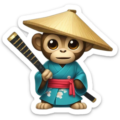 monkey with a Japanese hat and a kimono holding a katana sticker
