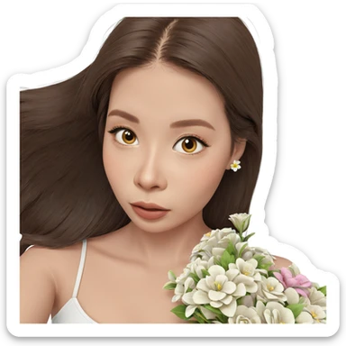 girl with brown hair and flowers sticker