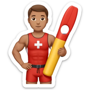 Muscular lifeguard man on beach with rescue tube brown hair sticker