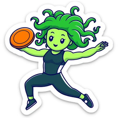 medusa, wearing an athletic outfit, throwing a frisbee to someone sticker