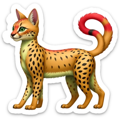 Colorful cute adorable tropical exotic fruity kiwi-green lemony rosy neon-red Caracal-Cheetah-Serval-Snow-Leopard-Trico-Sergal-Vernid-fusion-hybrid-animal-creature, full body, with tribal tattoos sticker