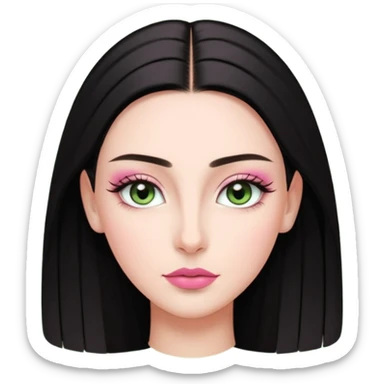 Front-facing portrait of a young woman with fair glowing skin, symmetrical features, light green almond-shaped eyes, long lashes, soft arched brows, straight refined nose, and full natural pink lips. Dark sleek hair pulled back with a middle part.  sticker