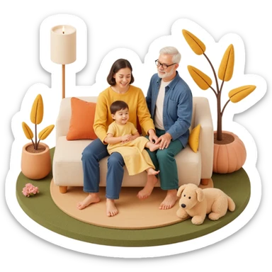 family photo featuring a multigenerational group with grandparents, parents, and child, lifelike details, warm inviting background, skeuomorphism style sticker