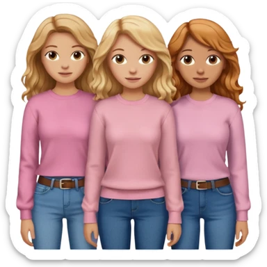 Three woman friends one with log blond wavy hair and soft pink shirt sweater and blue jeans, Theo there with ginger long hair and the other with brunette long hair sticker