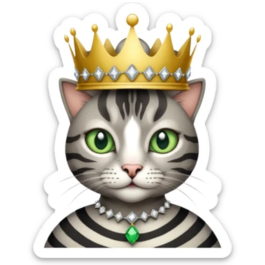 Gatito gris con rayas negras ojos verdes vestida de reina con coronas y diamantes sticker