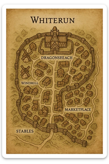 A vertical overhead map of the town of whiterun from skyrim sticker