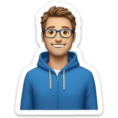 white man with brown hair and hazel eyes and glasses wearing blue hoodie feeling excited sticker