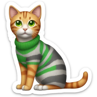 A striped grey cat with green eyes with orange sweater in full growth sticker