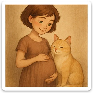 A pregnant girl with short brown hair and green eyes, standing next to a blonde cat. The girl is smiling and gently holding her belly, and the cat looks affectionate. sticker