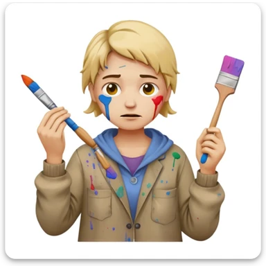 frustrated amateur painter emoji wearing oversized old clothes with paint stains everywhere, holding a bent paintbrush, paint on hands and cheeks, cluttered background sticker