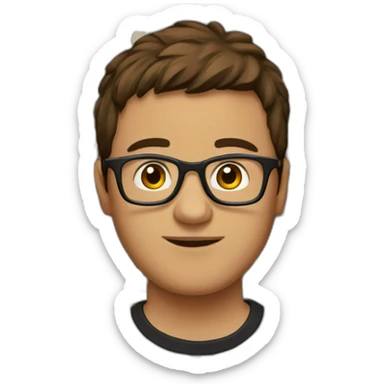 brown hair guy wearing glasses and dark t-shirt with flowers print sticker