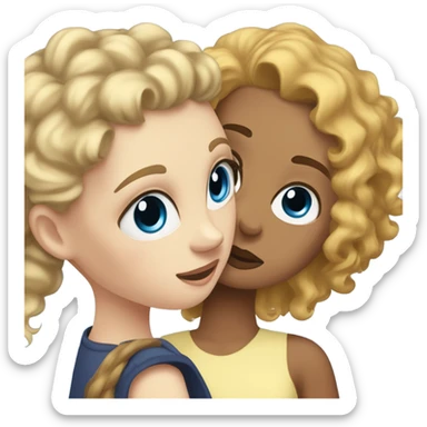 White girl with wavy blonde hair and blue eye hugging a mixed girl with a curly ponytail and hazel eyes sticker