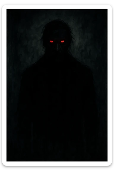 scary man, shadowy figure, glowing red eyes, horror illustration sticker