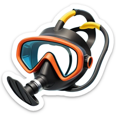 An icon featuring a close-up of a diving mask, snorkel, and fins floating on the surface of vibrant blue water. In the background, coral reefs and tropical fish create a lively underwater scene. Transparent background highlights the beauty and adventure of the diving experience. sticker