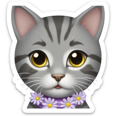 Beautiful girl grey tabby cat with lilac collar with a daisy pendant sticker