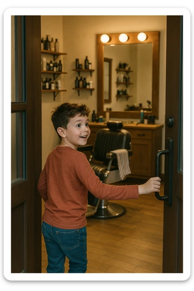 Sartaroshxonaga kirib kelayotgan bola sartaroshxona unchalik eski emas ammo yangi ham emsa sticker