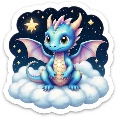 Airbrush painted image of an adorable little baby dragon with large glistening eyes sitting on a cloud under a deep galactic sky with pearlescent scales and wings spread against the stars sticker