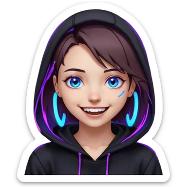 a girl with a brown bob and blue eyes in a black hoodie laughs and holds her head Cyberpunk style. Violet neon. sticker