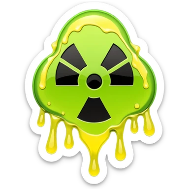 radioactive hazard symbol stylized to look like it is melting. The symbol is bright neon green and toxic yellow, with smooth dripping edges like liquid. sticker