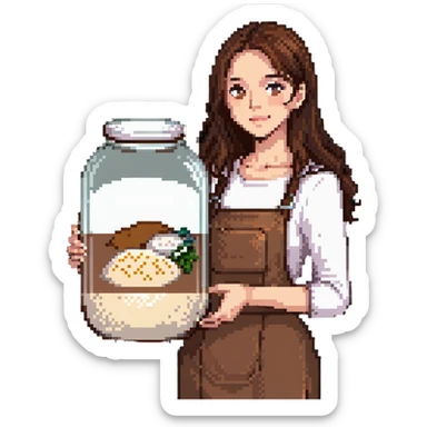 designer woman with brown hair holding a big glass jar of rice sticker