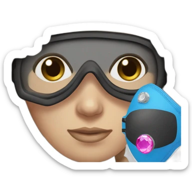 woman large brown and straight hair, pink diving mask with a single crystal. blue eyes, black scubadiving gear sticker